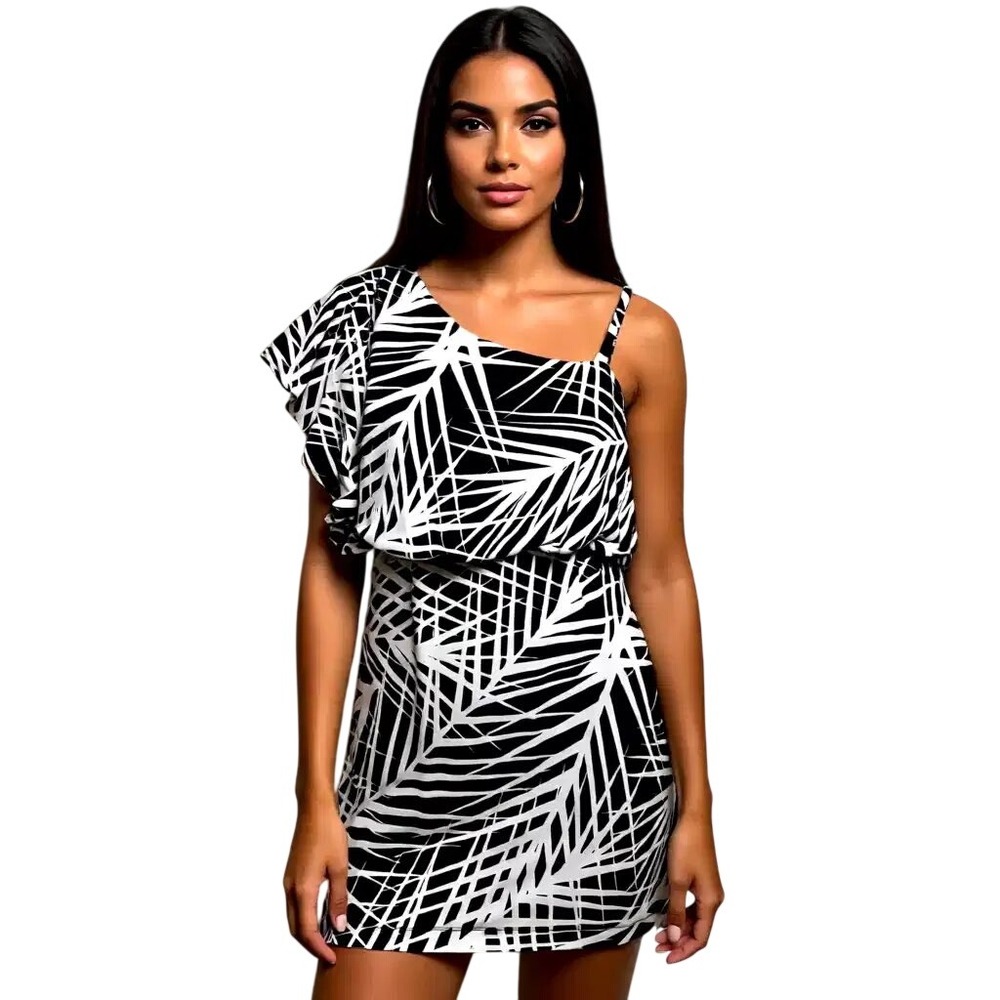 Emma & Michele Black White Palm Print One Shoulder Butterfly Mini Dress Size 10